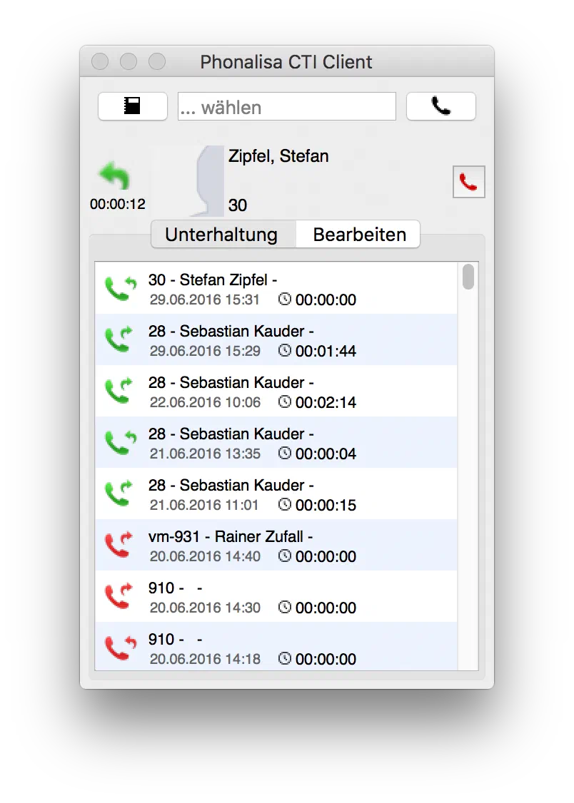 Anrufliste mit Wählfeld